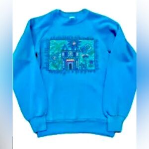 Vintage Etsy Women Blue Green Floral Island Sweatshirt Crewneck Exc Cond Sz XS